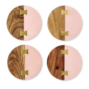 Crofton cute 4x4 Acacia wood and pink resin coaster set *new